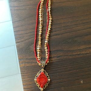 Sterling carved red cinnabar triple strand necklac